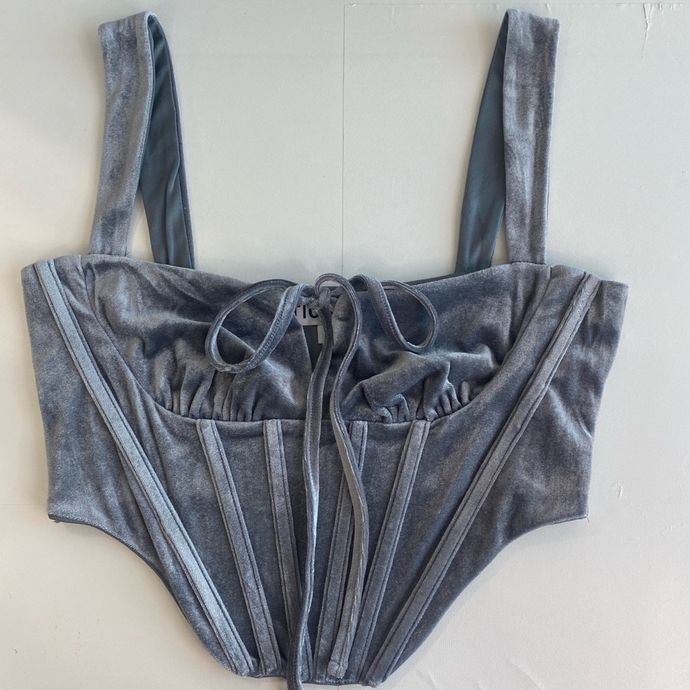 TIC TOC Dusty Blue Velvet Boned Corset Bustier Crop Top size Medium - Picture 9 of 17